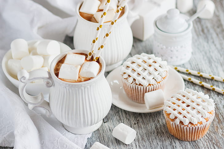 cream, dessert, cupcakes, cocoa, marshmallow, HD wallpaper