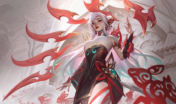 Bo Chen, dibujo, League of Legends, Irelia (League of Legends), cabello plateado, rojo, Fondo de pantalla HD