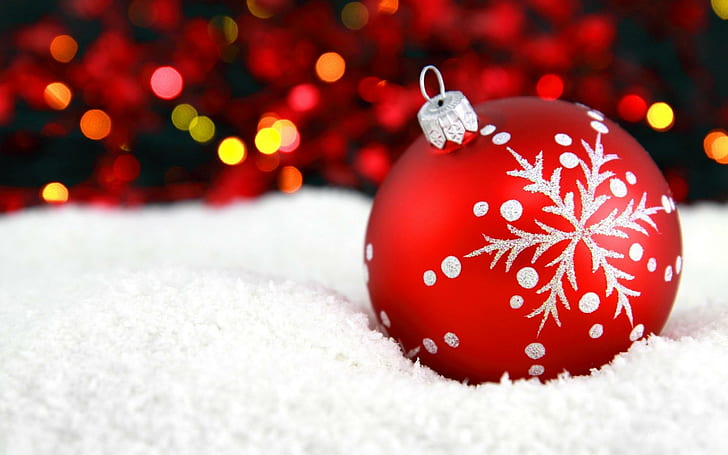 Christmas Ball Snowflake Bokeh New Year, red chrismas ball, christmas, ball, snowflake, bokeh, year, HD wallpaper