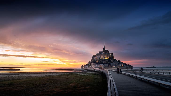 coucher de soleil, pont, rocher, France, forteresse, Normandie, Mont-Saint-Michel, Fond d'écran HD