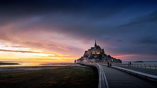 coucher de soleil, pont, rocher, France, forteresse, Normandie, Mont-Saint-Michel, Fond d'écran HD HD wallpaper