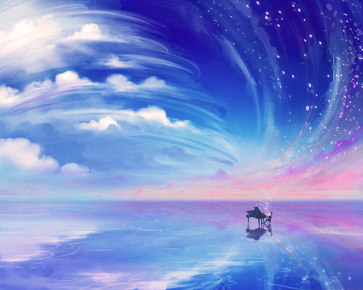 piano, awan, seni digital, seni fantasi, langit, Shigatsu wa Kimi no Uso, Wallpaper HD