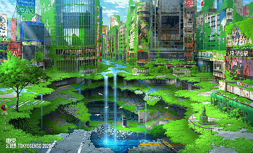  anime, cityscape, apocalyptic, Tokyo, shibuya station, Shibuya, destruction, nature, HD wallpaper HD wallpaper