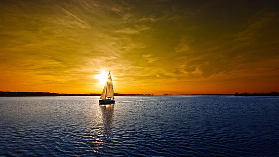 น้ำพระอาทิตย์ตกเรือใบเรือทะเล 1920x1080 Nature Sunsets HD Art, น้ำ, พระอาทิตย์ตก, วอลล์เปเปอร์ HD HD wallpaper