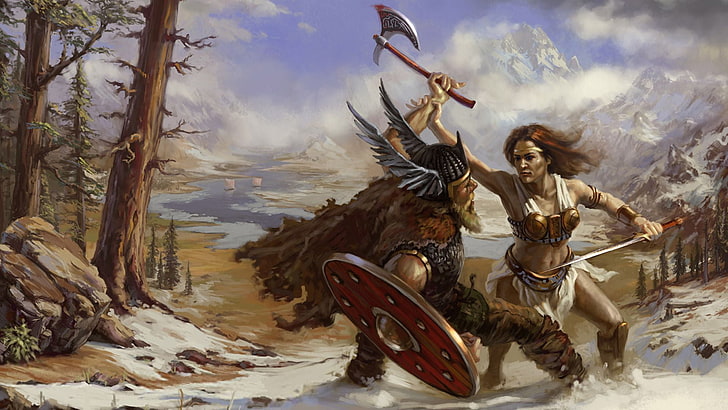 viking and woman digital wallpaper, nature, rage, helmet, battle, axe, shield, Viking, girl warrior, HD wallpaper
