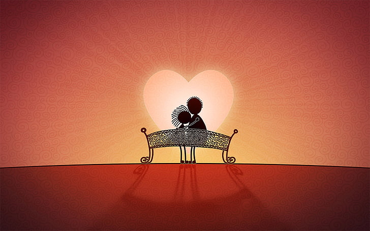 двойка, седнала на пейка илюстрация, пейка, сърце, любов, HD тапет