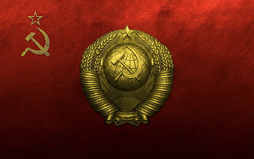 червен, стена, флаг, злато, герб, сърп и чук, грапавост, гербът на СССР, знамето на СССР, HD тапет HD wallpaper