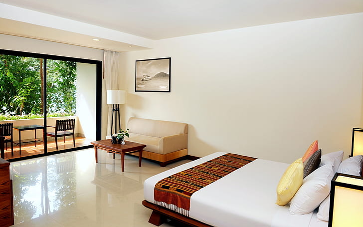 Hotel Room, bedroom, sofa, balcony, design, clean, HD wallpaper
