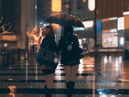 雨、通り、夕方、日本、ライト、バッグ、女子学生、濡れたアスファルト、キーチェーン、友人、横断歩道、後ろから、傘の下、二人の少女、都市、 HDデスクトップの壁紙 HD wallpaper