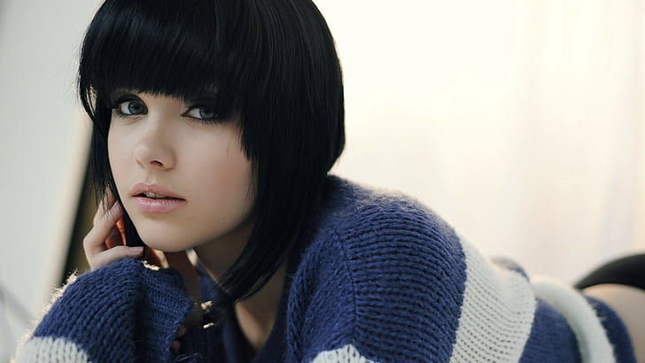 model, Melissa Clarke, sweater, black hair, HD wallpaper