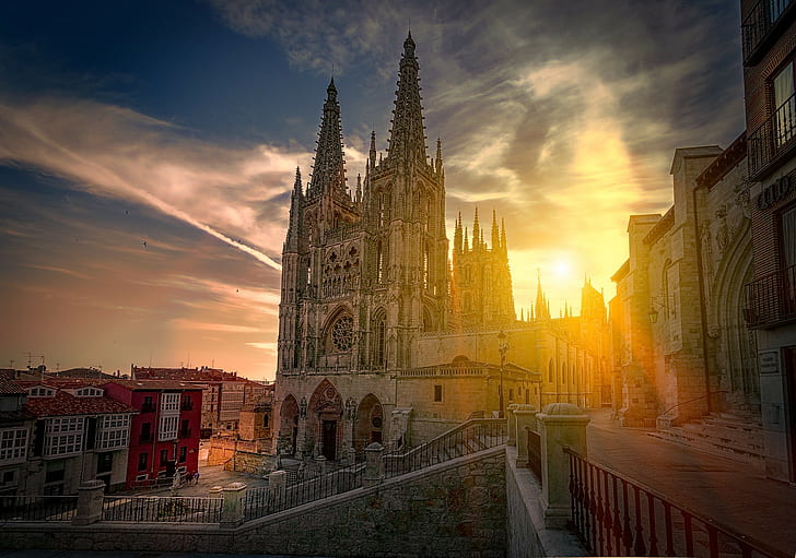 cityscape architecture town building burgos spain cathedral house tower sun sunlight clouds, HD wallpaper