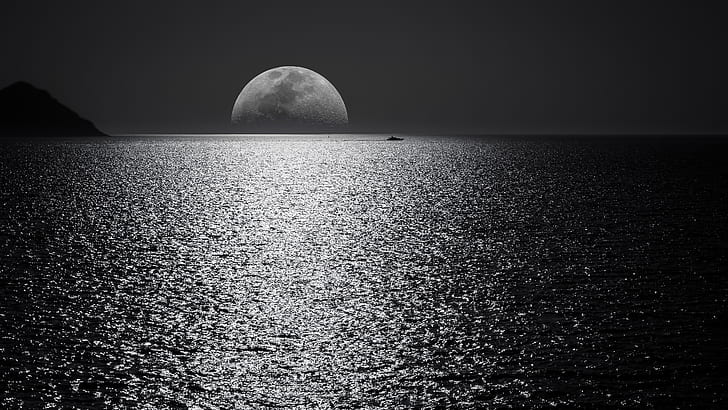 달, 저녁, 바다 경치, 밤, 자연, HD, 4K, 5K, 흑백, 흑백, HD 배경 화면