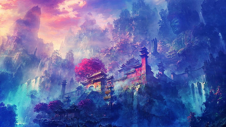 painting of mountainside temple, temple, Buddhism, monastery, zen, shrine, fantasy city, fantasy art, colorful, digital art, artwork, cyan, violet, HD wallpaper