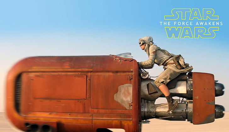 Star Wars The Force Awakens Rey riding vehicle digital wallpaper, Star Wars: Episode VII - The Force Awakens, best movies of 2015, HD wallpaper