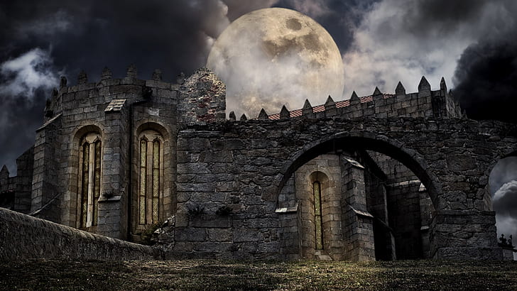 Kastil, Castle, Earth, Gothic, Moon, Ruin, Wallpaper HD