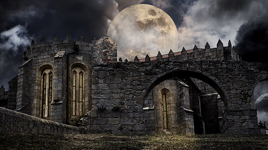 Slott, slott, jord, gotisk, måne, ruin, HD tapet HD wallpaper