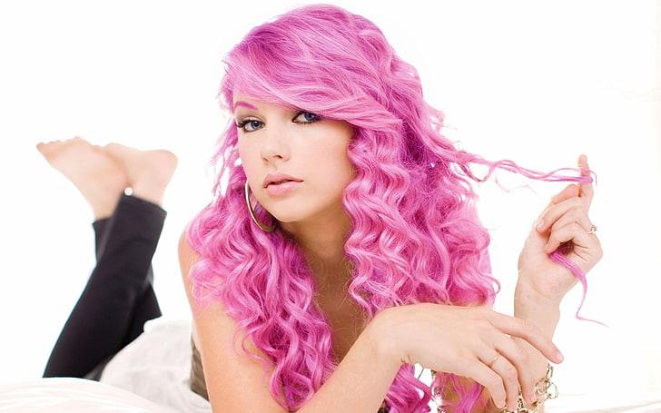 дамска розова коса, Тейлър бърза, розова коса, коса, лице, грим, HD тапет