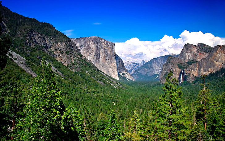 kahverengi dağ sıraları, orman, dağlar, doğa, şelale, Yosemite NP, windows-8, HD masaüstü duvar kağıdı