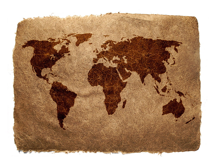 världskarta tryckt brun kastkudde, papper, jord, världen, karta, HD tapet