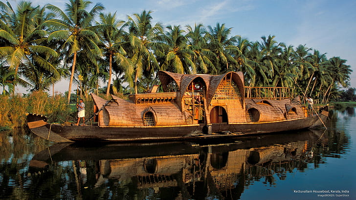 Casa flotante Kettuvallam, Kerala, India, Asia, Fondo de pantalla HD