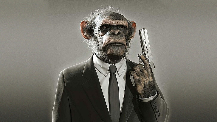 маймуна, пистолет, произведения на изкуството, вратовръзка, костюми, HD тапет