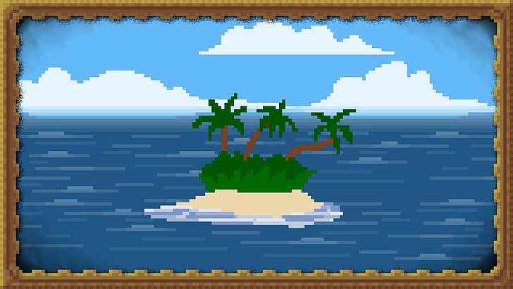 pohon-pohon palem di pulau di tengah ilustrasi laut, seni digital, alam, seni piksel, pulau, laut, pohon-pohon palem, awan, bingkai foto, kesederhanaan, Wallpaper HD