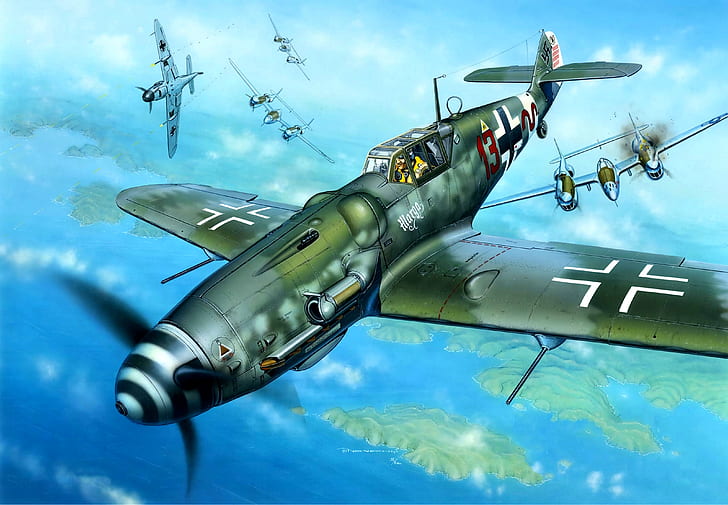 Messerschmitt, USAF, Seconda Guerra Mondiale, P-38 Lightning, Heinrich Bartels, Bf.109G-6 / trop, Bf-109G-6, 11./JG27, Sfondo HD