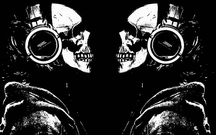 illustrazione di due scheletri, teschio, cuffie, opera d'arte, monocromatico, Sfondo HD