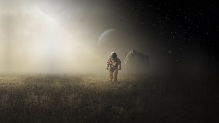 astronaut, science fiction, Michał Klimczak, planet, HD wallpaper