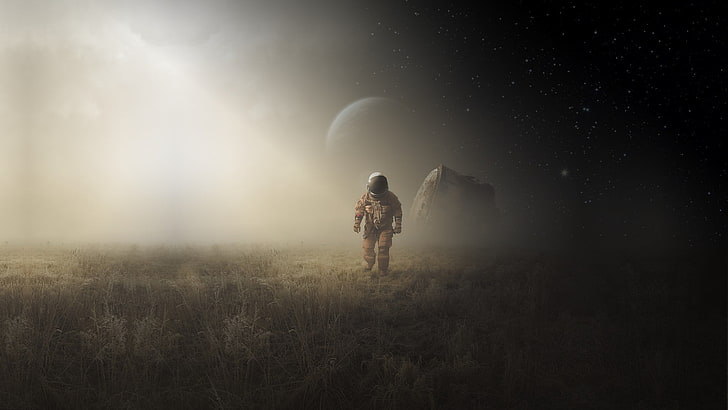 man wearing brown suit digital wallpaper, science fiction, astronaut, planet, Michał Klimczak, HD wallpaper