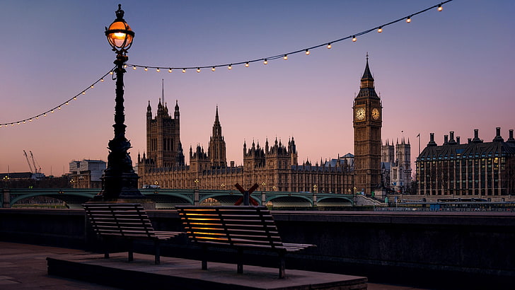 cityscape, london, big ben, skyline, sky, westminster bridge, tower, dusk, europe, bench, united kingdom, evening, benches, westminster, houses of parliament, street light, HD wallpaper