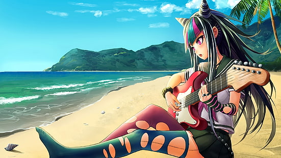Anime, Anime Girls, Brünette, lange Haare, rosa Augen, offener Mund, Himmel, Wolken, wegsehen, Gitarre, Musikinstrument, Danganronpa, Ibuki Mioda, HD-Hintergrundbild HD wallpaper