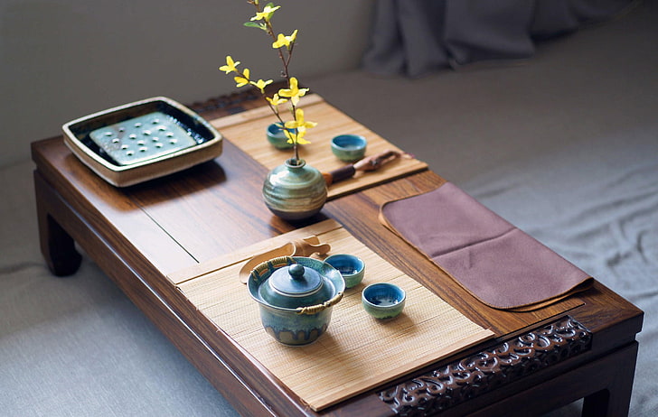 brown and black wooden table, meditation, China, Chinese, tea, oriental, eastern, HD wallpaper