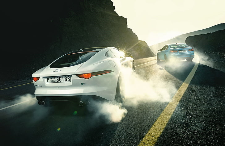white coupe, Jaguar, BMW, Mobil, Olahraga, Asap, Belakang, F-Type R, Drifting, Wallpaper HD