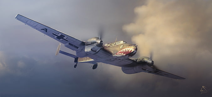 gray shark aircraft, flight, retro, the plane, figure, art, mouth, grin, in the sky, Bf 110, The Messerschmitt, HD wallpaper HD wallpaper