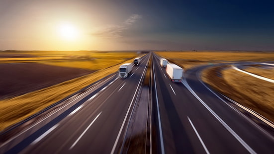 mesa de madera marrón y negra, camiones, carretera, desenfoque de movimiento, Fondo de pantalla HD HD wallpaper