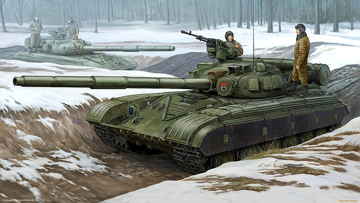 ilustracja zielonego czołgu bojowego, czołg, Rosja, wojsko, zima, śnieg, las, grafika, T-64, Tapety HD