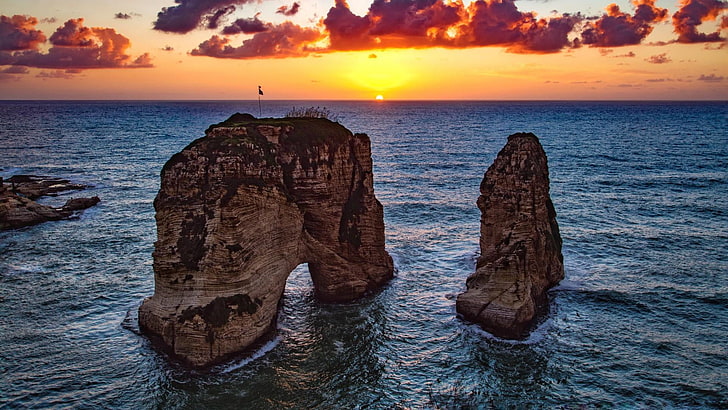 evening, seaside promenade, sea arch, arch, stone arch, natural arch, rock of raouche, raouche rocks, libanon, beirut, rue raouche, pigeon rocks, pigeons rock, coastal and oceanic landforms, sea, headland, stack, rock formation, formation, horizon, sunset, water, coast, ocean, promontory, sky, rock, HD wallpaper