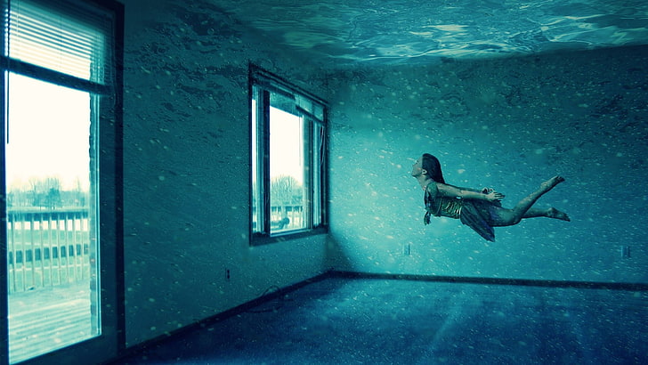 woman floating in front of a window photo, house, swimming, HD wallpaper