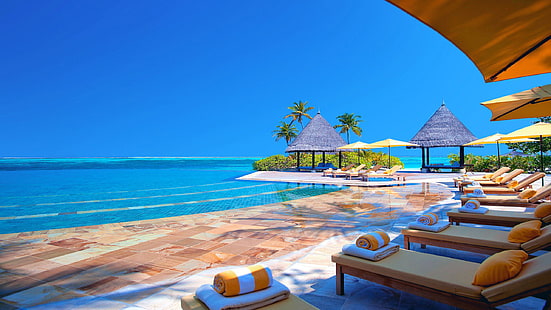 Hotel Terrace Chairs Ocean Maldives Hd Fondo de pantalla 2560 × 1440, Fondo de pantalla HD HD wallpaper
