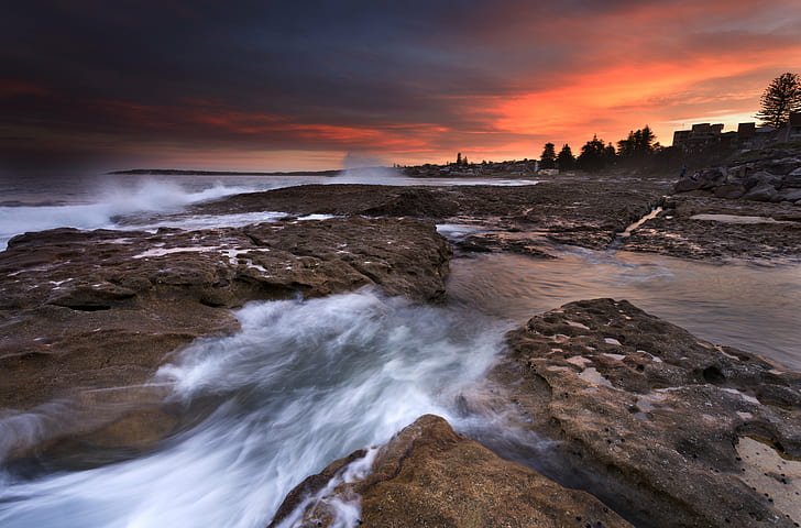 water stream during sunset, stream, sunset, Canon EOS 5D Mark III, Canon EF, f/2.8, USM, Australia, New South Wales, Water, Sea, Ocean, Nature, Landscape, Seascape, Shore, Shoreline, Australian Coastline, Canon, Lee Filters, Cronulla  Beach, rock - Object, wave, scenics, beauty In Nature, outdoors, beach, HD wallpaper