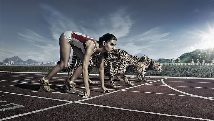weibliche Leichtathletin und zwei Geparden digitale Tapete, Athleten, Laufen, Geparden, HD-Hintergrundbild
