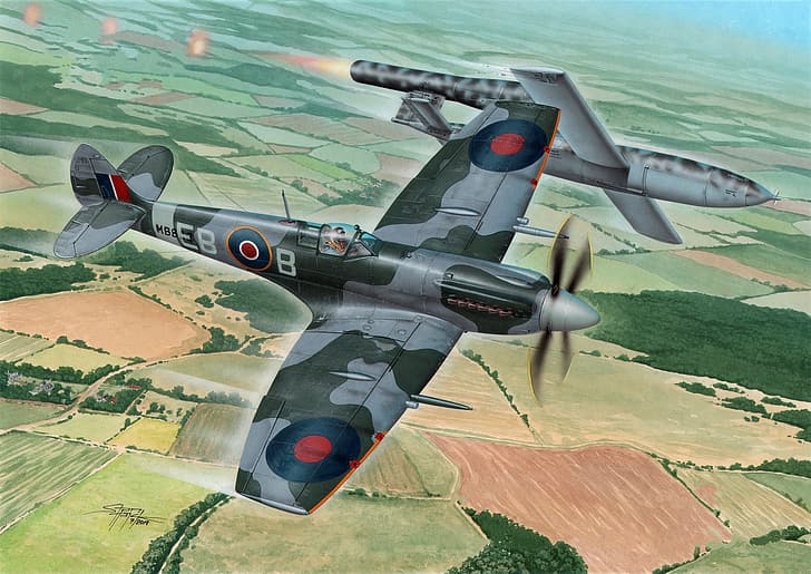 Fighter, Supermarine Spitfire, Supermarine Spitfire Mk.XII, V-1, Fi-103, Cruise missile, Spitfire Mk. XII, HD wallpaper