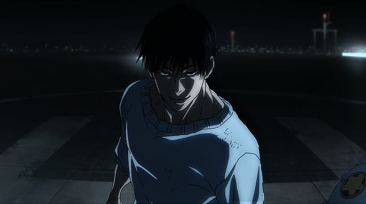 Jujutsu Kaisen, Fushiguro Toji, ciemny, sweter, światła, blizny, anime, zrzut ekranu Anime, chłopcy z anime, Tapety HD