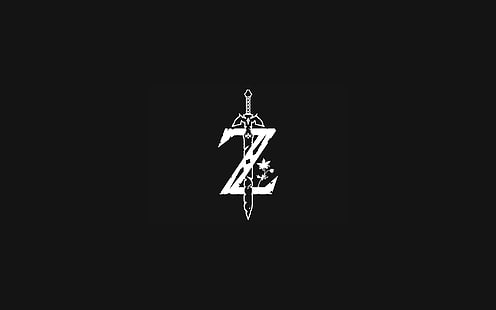 sword and letter z logo, The Legend of Zelda, The Legend of Zelda: Breath of the Wild, tloz, minimalism, monochrome, video games, Master Sword, HD wallpaper HD wallpaper