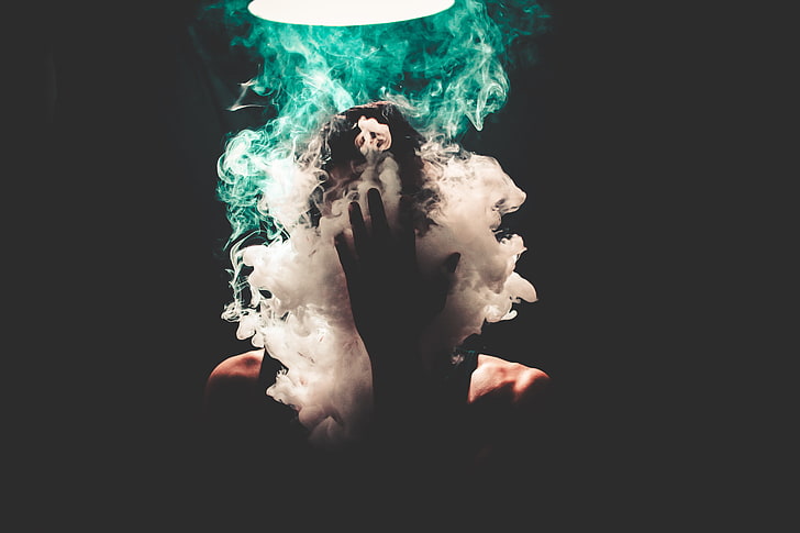illustrazione del fumo verde e bianco, fumo, mano, viso, buio, Sfondo HD