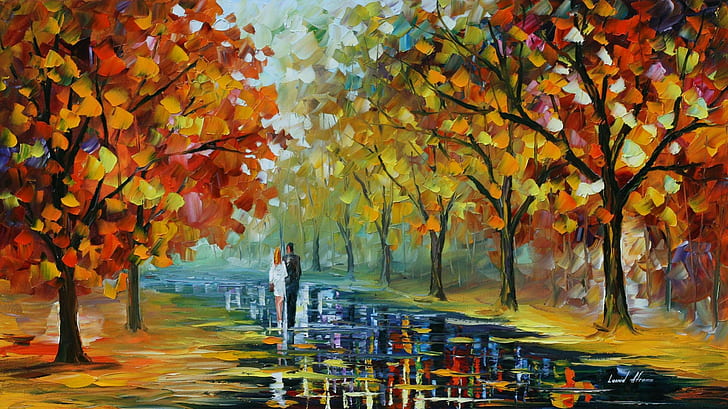 outono, árvores, casal, pintura, caminho, parque, Leonid Afremov, HD papel de parede