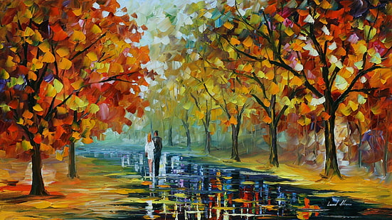 fall, trees, couple, painting, path, park, Leonid Afremov, HD wallpaper HD wallpaper