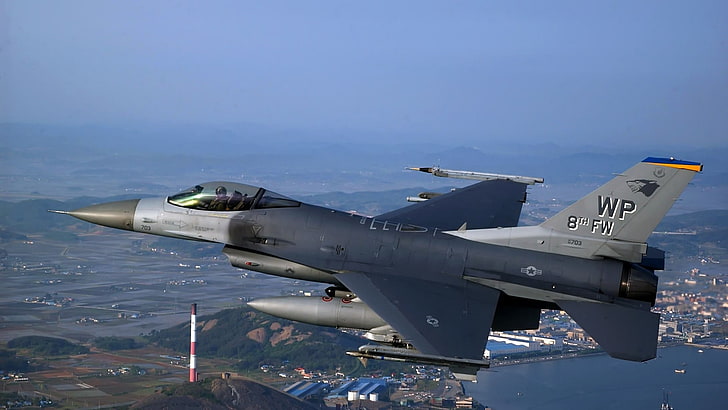 schwarz-grauer Kampfjet, Militärflugzeug, Flugzeug, Himmel, Jets, General Dynamics F-16 Fighting Falcon, Militär, Flugzeuge, HD-Hintergrundbild