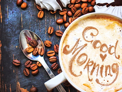 Grains de café, tasse, bonjour, café, grains, tasse, bon, matin, Fond d'écran HD HD wallpaper